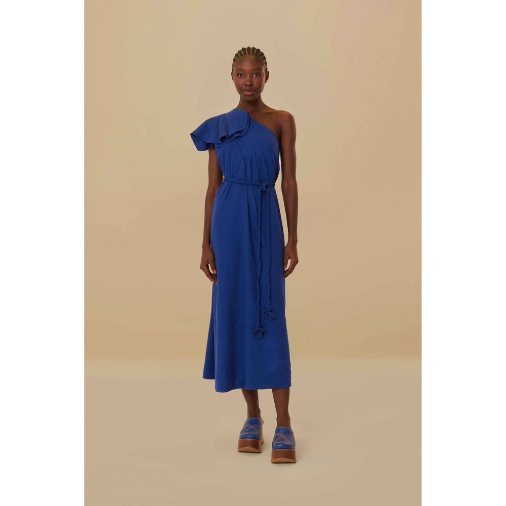 Navy Blue One Shoulder Leaf Lenzing™ Ecovero™ Euroflax™ Maxi Dress